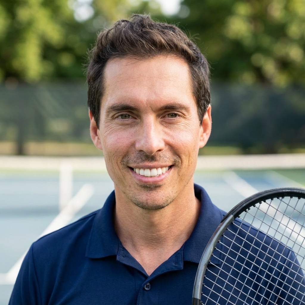 Coach Aaron Krisan holding a tennis racquet on court